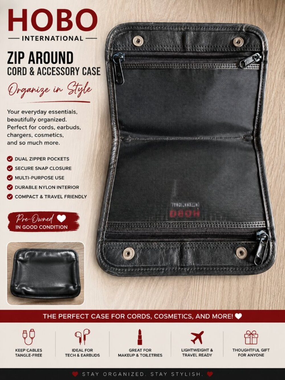 HOBO International Black Leather Zip Tech + Cosmetic + Organizer Case